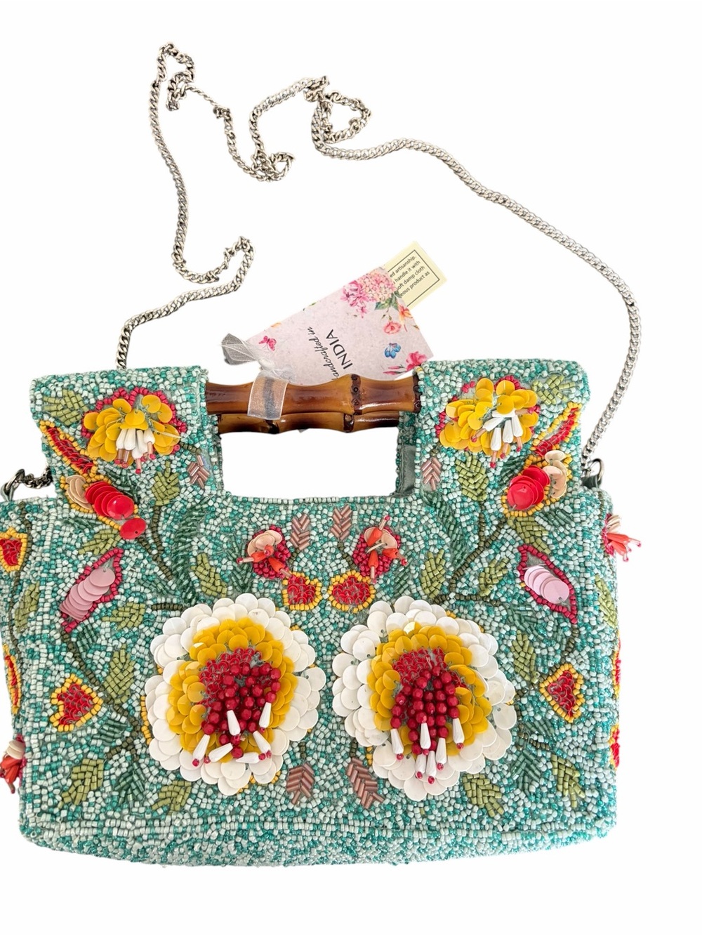 Made in India Embellished Beaded Floral Clutch/Crossbody  w/Bamboo Handle